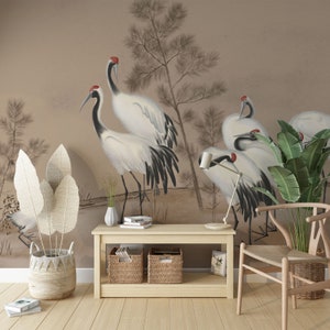 Kranich Vogel Chinoiserie Landschaft Tapete, Pastell Beige Hintergrund Vliestapete, Personalisierbar