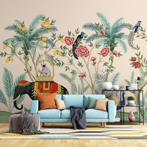 Indian elephant mural, floral palm trees photo wallpaper, plants animals wallpaper, high-quality smooth non-woven wallpaper