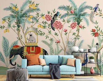 Indian elephant mural, floral palm trees photo wallpaper, plants animals wallpaper, high-quality smooth non-woven wallpaper