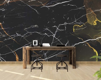 Marble Wallpaper, Abstract Art Mural, Black and Gold Non-Woven Wallpaper, Peel and Stick, Removable Wallpaper