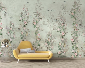Chinoiserie Wall Mural Spring Blossom Bird, Papel pintado liso no tejido, Papel pintado de pared, Personalizable