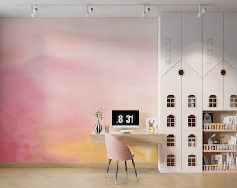 Pink Watercolor Ombre Kids Wallpaper, Girls Room Mural Non-Woven Wallpaper, Pink Sky Photo Wallpaper, Customizable