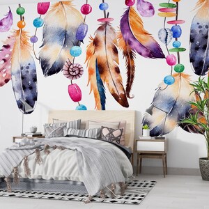 Carta da parati Boho di piume colorate, carta da parati non tessuta bohémien acchiappasogni, carta da parati rimovibile ad acquerello, personalizzabile