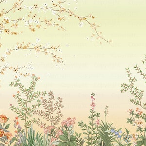 May include: A watercolor painting of a garden scene with blooming white flowers and green foliage. The background is a soft yellow gradient.