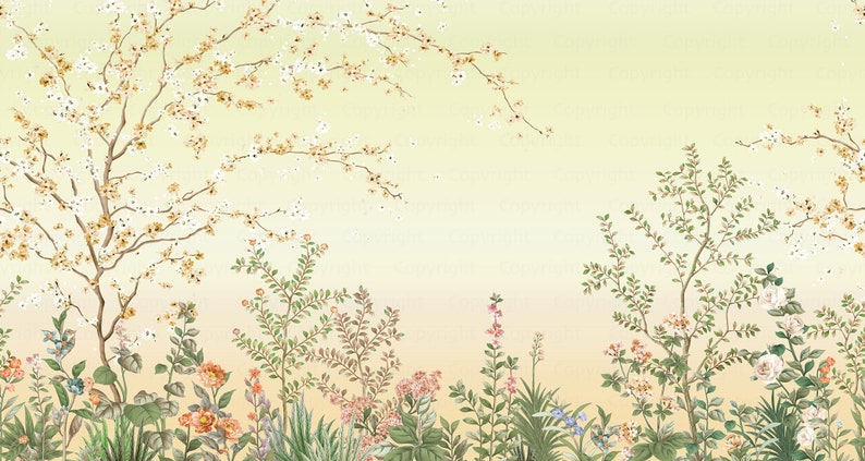 May include: A watercolor painting of a garden scene with blooming white flowers and green foliage. The background is a soft yellow gradient.