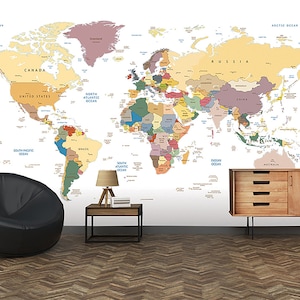 Papel de parede fotográfico de mapa mundial XXL, papel de parede não tecido de pôster, mural de parede de mapa mundial político, papel de parede de designer, personalizável
