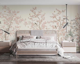 Floral Wallpaper, Chinoiserie Floral Wall Art, Spring Blossom Wall Mural, Non-Woven Wallpaper, Designer Wall Mural, Customizable