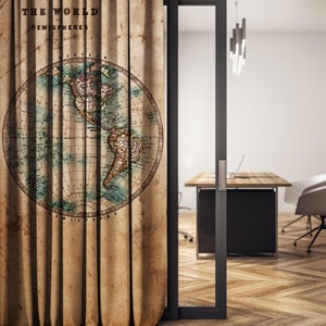 Vintage Weltkarte Gardine, Landkarte Atlas Vorhang,  Designer Gardine für Büro Arbeitszimmer Meetingraum, Personalisierbar