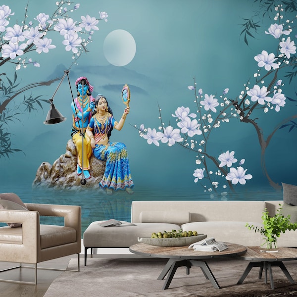 Radha Krishna Wall Mural, Indian Wallpaper Luxury Decor, Lord Krishna and Radha Wall Mural, Customisable