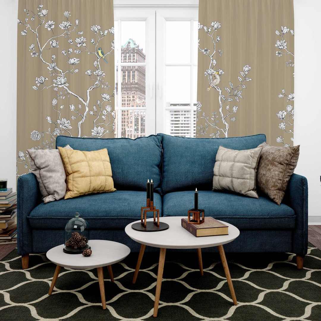 Chinoiserie Spring Blossom Cherry Tree Curtains, Emerald Green