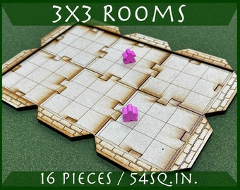3x3 Rooms with Walls Pack - 16 pieces for RPG Tabletops, Dungeons & Role-play Games - DDTile System