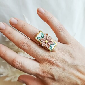 Boho Flower Statement Ring, Handmade, Polymer Clay, Adjustable Ring image 4