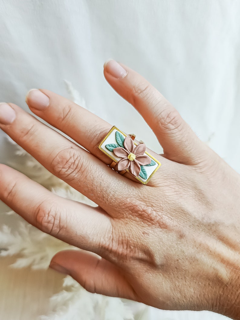 Boho Flower Statement Ring, Handmade, Polymer Clay, Adjustable Ring image 4