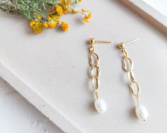 Gold Chain Linked Pearl Dangle Earrings, 18k Gold plated, Hypoallergenic