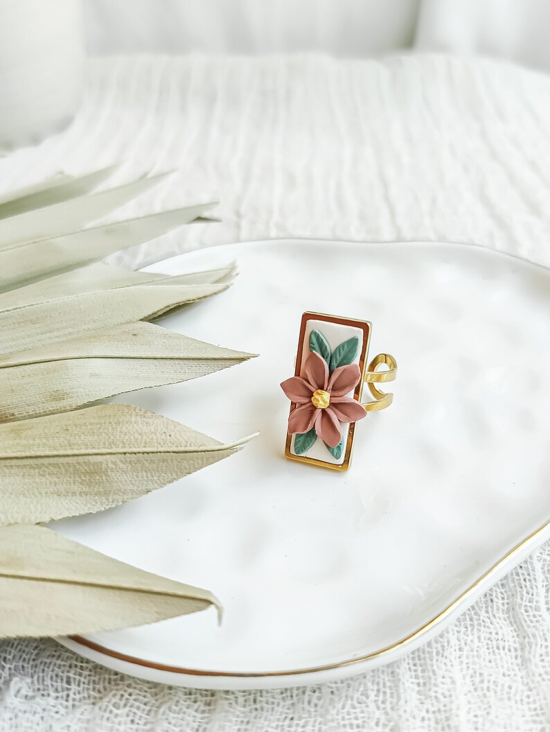 Boho Flower Statement Ring, Handmade, Polymer Clay, Adjustable Ring image 1