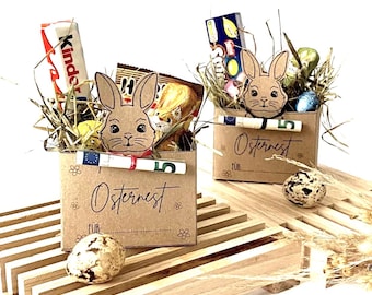 Modello PDF per realizzare un nido pasquale, confezioni regalo con soldi per Pasqua, cestino pasquale con nome stampabile, regalo pasquale fai da te dell'ultimo minuto, confezioni pasquali