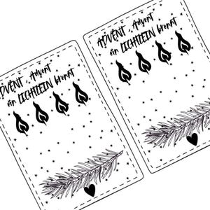 May include: Two white cards with black text and illustrations. The text reads "ADVENT, Advent ein LICHTLEIN brennt" above four stylized flame illustrations. A sprig of greenery and a heart are at the bottom.
