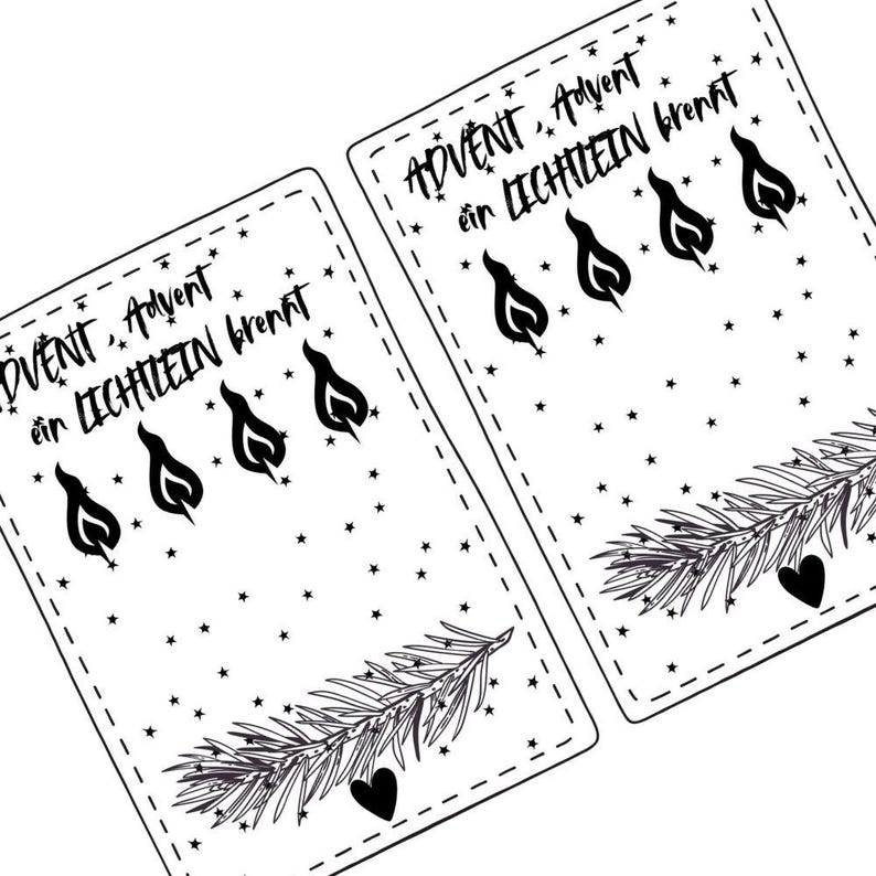 May include: Two white cards with black text and illustrations. The text reads "ADVENT, Advent ein LICHTLEIN brennt" above four stylized flame illustrations. A sprig of greenery and a heart are at the bottom.