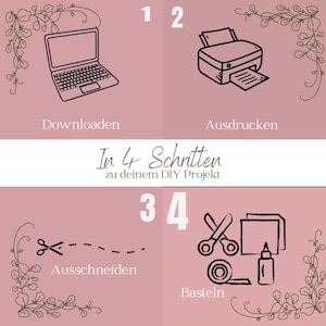 Pu&ograve; includere: Un grafico rosa con quattro passaggi per un progetto fai-da-te. I passaggi includono il download, la stampa, il taglio e la creazione, ciascuno illustrato con un laptop, una stampante, forbici e materiali per l'artigianato. &Egrave; incluso anche il testo in tedesco.