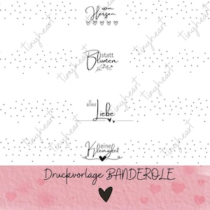 Peut inclure: Modèle d'étiquette cadeau imprimable avec quatre designs différents. Les designs comprennent le texte "Von Herzen", "Statt Blumen", "Alles Liebe" et "Kleine Kleinigkeit". Le modèle comprend également le texte "Druckvorlage Banderole".