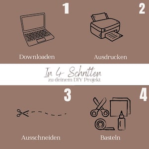 May include: A brown graphic with four steps for a DIY project. The steps include downloading on a laptop, printing with a printer, cutting with scissors, and crafting with tape, glue, and paper. Text in German is included.