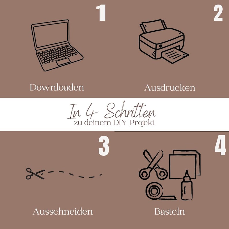 May include: A brown graphic with four steps for a DIY project. The steps include downloading on a laptop, printing with a printer, cutting with scissors, and crafting with tape, glue, and paper. Text in German is included.
