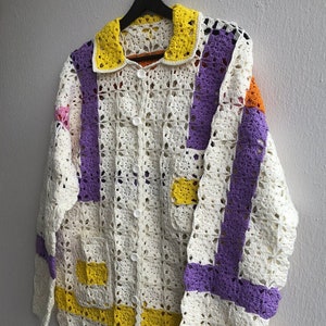 MerlaDesigns Motif Cardigan for Men, Bohemian Handmade Unisex Sweater, Yellow Lilac White Sweater For Men, Long Sleeve Crochet Unisex Shirt