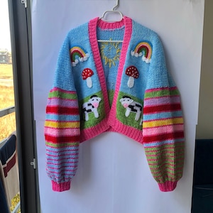 MerlaDesigns Colorful Rainbow Stripes Pastel Mushroom Rainbow Cow Sun Flower Handmade Handknit Crochet Cardigan