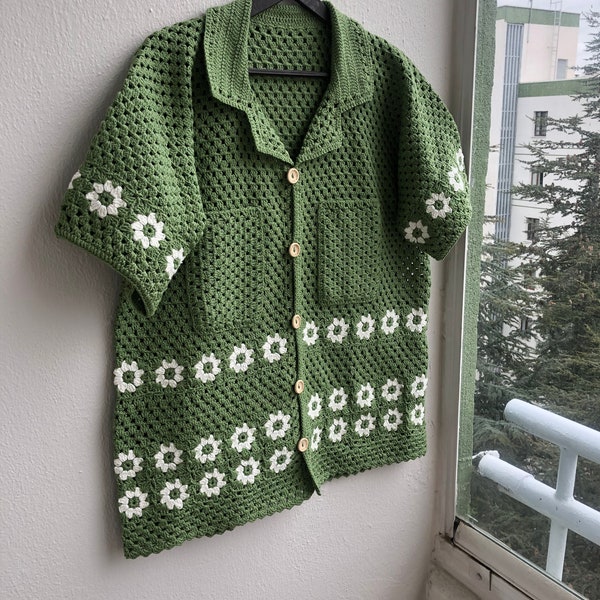 MerlaDesigns Crochet Shirt, Unisex Shirt, Vintage Crochet Shirt, Crochet Shirt for Men, Crochet Granny Square Shirt