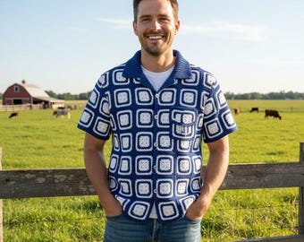 MerlaDesigns Unisex Summer Shirt, Motif Shirt, Crochet Granny Square Shirt,Colorful Square Crochet Shirt, Crochet Shirt For Men, Men’s Shirt
