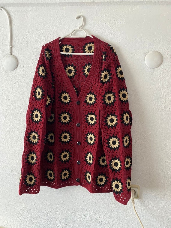 手編み　クロシェ　オーバーサイズ　カーディガン　red × pink MerlaDesigns メンズ レッド 長袖 クロシェ シャツ、クロシェ ユニ