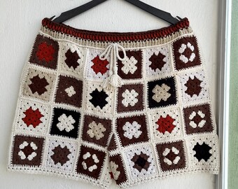 MerlaDesigns Colorful Ethnic Shorts for Men, Men’s Handmade Shorts, Unisex Handknit Crochet Shorts, Summer Men’s Shorts,Granny Square Shorts
