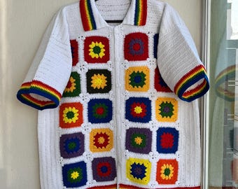MerlaDesigns Colorful Ethnic Bohem Motif Unisex Shirt, Summer Shirt, Crochet Unisex Shirt, Vintage Crochet Shirt, Crochet Shirt For Men