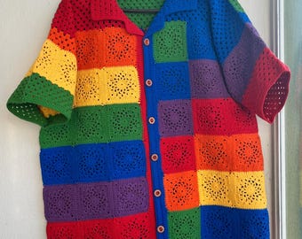 MerlaDesigns Colorful Ethnic Bohem Motif Unisex Shirt, Summer Shirt, Crochet Unisex Shirt, Vintage Crochet Shirt, Crochet Shirt For Men