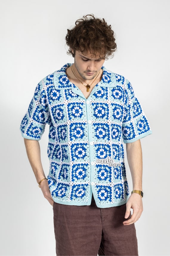 Merladesigns Unisex Blue Shirt, Summer Shirt, Crochet Unisex Shirt