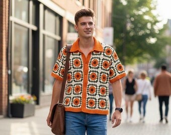 MerlaDesigns Unisex Summer Shirt, Motif Shirt, Crochet Granny Square Shirt,Colorful Square Crochet Shirt, Crochet Shirt For Men, Men’s Shirt