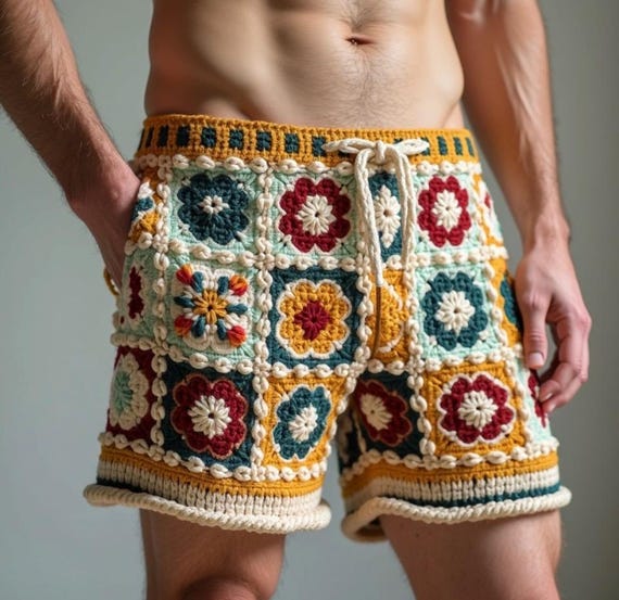 MerlaDesigns Short ethnique colore pour homme Short fait main pour homme Short unisexe tricote main au crochet Short d ete pour homme Short carre grand mere Etsy France