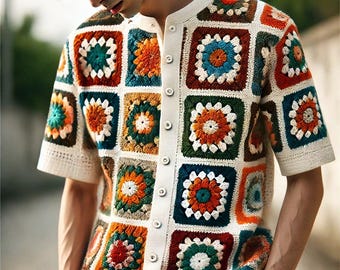 MerlaDesigns Ethnic Bohem Motif Unisex Shirt, Summer Shirt, Crochet Unisex Shirt, Vintage Crochet Shirt, Crochet Shirt For Men, Men’s Shirt