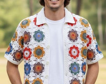 MerlaDesigns Colorful Ethnic Bohem Motif Unisex Shirt, Summer Shirt,Crochet Unisex Shirt, Rainbow Crochet Men’s Shirt, Crochet Shirt For Men