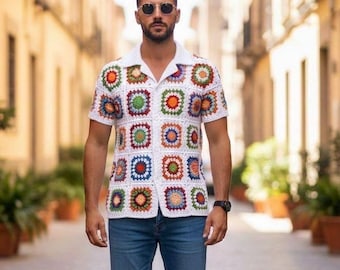 MerlaDesigns Unisex Summer Shirt, Motif Shirt, Crochet Granny Square Shirt,Colorful Square Crochet Shirt, Crochet Shirt For Men, Men’s Shirt