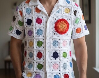 MerlaDesigns Unisex Summer Shirt, Motif Shirt, Crochet Granny Square Shirt,Colorful Square Crochet Shirt, Crochet Shirt For Men, Men’s Shirt