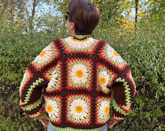 MerlaDesigns Knit Flower Cardigan For Women, Artsy Handmade Handknit Crochet Women’s Cardigan,Colorful Women’s Long Sleeve