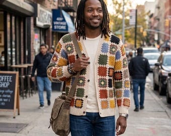 MerlaDesigns Crochet Long Sleeve, Crochet Unisex Sweater, Colorful Long Sleeve Green Shirt, Unisex Granny Square Sweater, Colorful Cardigan