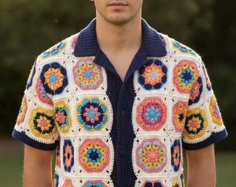 MerlaDesigns Unisex Summer Shirt, Motif Shirt, Crochet Granny Square Shirt,Colorful Square Crochet Shirt, Crochet Shirt For Men, Men’s Shirt