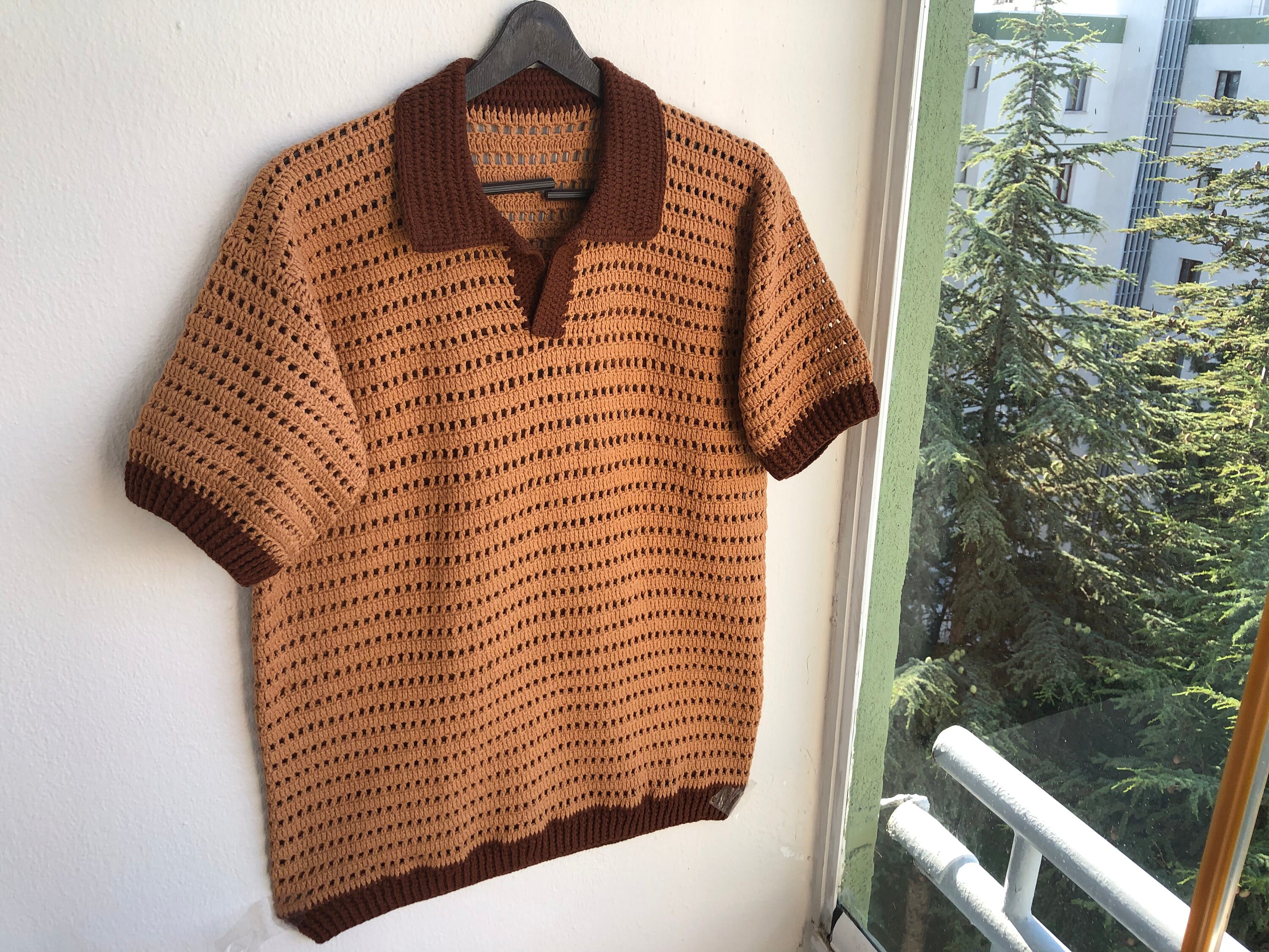 トップス Todayful Crochet Over Shirts brown Merladesigns Unisex Tan Shirt, Summer Brown Shirt, Crochet
