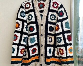 MerlaDesigns Crochet Long Sleeve, Crochet Unisex Sweater, Colorful Long Sleeve Men’s Shirt, Unisex Granny Square Sweater, Colorful Cardigan