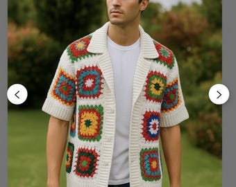 MerlaDesigns Ethnic Bohem Motif Unisex Shirt, Summer Shirt, Crochet Unisex Shirt, Vintage Crochet Shirt, Crochet Shirt For Men, Men’s Shirt