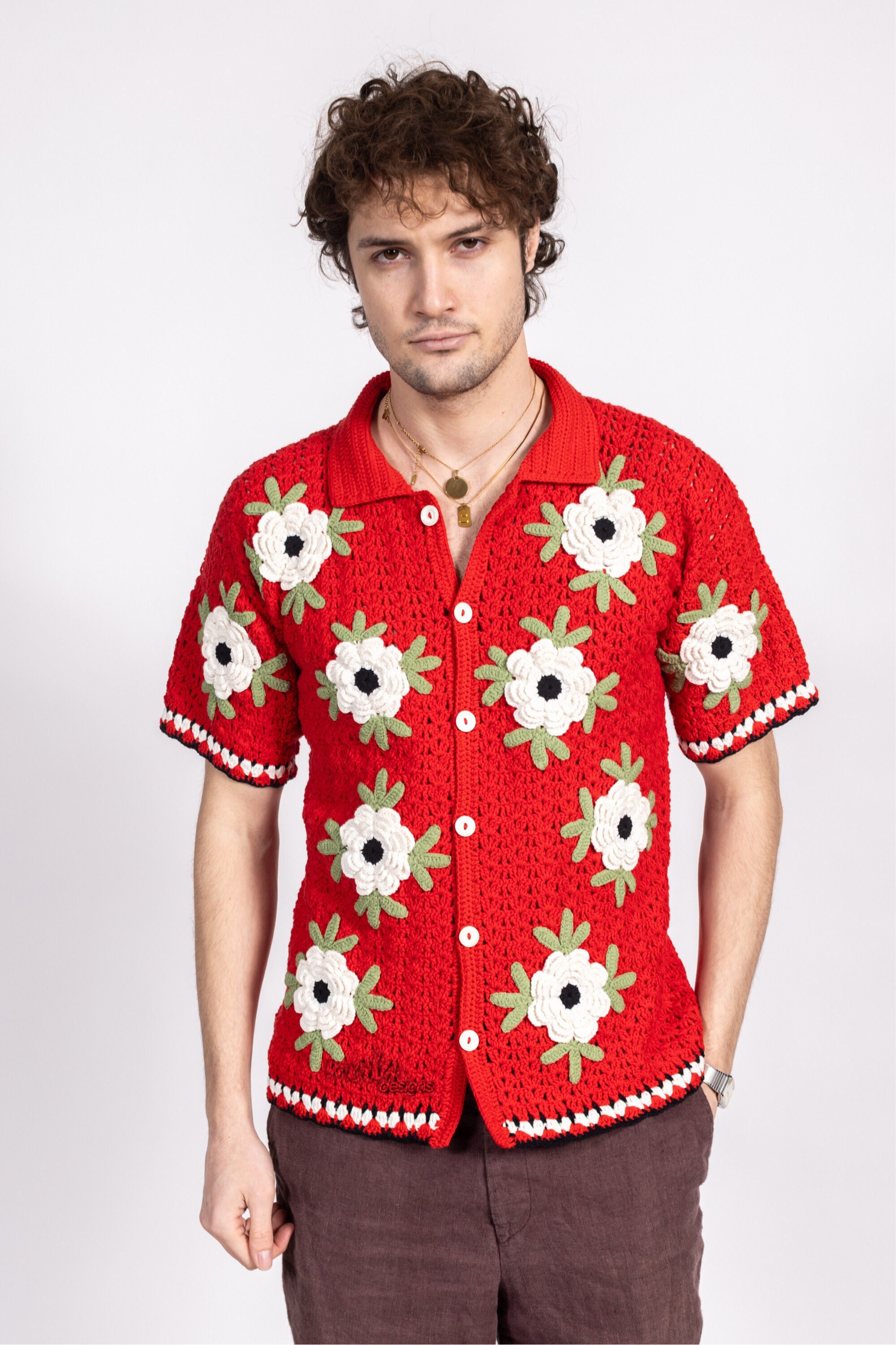 トップス SMALL FLOWER OVER SHIRT Merladesigns Unisex Red Flower Shirt, Summer Men's Flower Shirt