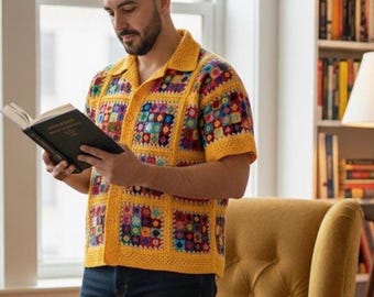 MerlaDesigns Unisex Summer Shirt, Motif Shirt, Crochet Granny Square Shirt,Colorful Square Crochet Shirt, Crochet Shirt For Men, Men’s Shirt