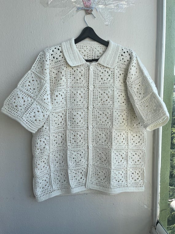 MerlaDesigns Unisex White Shirt, Summer Men’s Shirt, Crochet Unisex Shirt, Vintage Crochet Shirt, Crochet Shirt For Men, Crochet White Polo